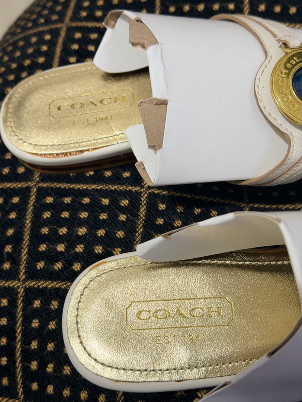 Coach White Leather Sandals with Gold Medallion and Blue Cabochon - Picture 11 of 11